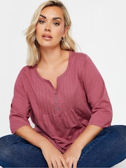 Yours Curve Pink Pintuck Button Henley 100% Cotton T-Shirt - Image 4 of 5