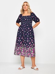 Yours Curve Pink Limited Shirred Square Neck Border Dress - Image 1 of 5