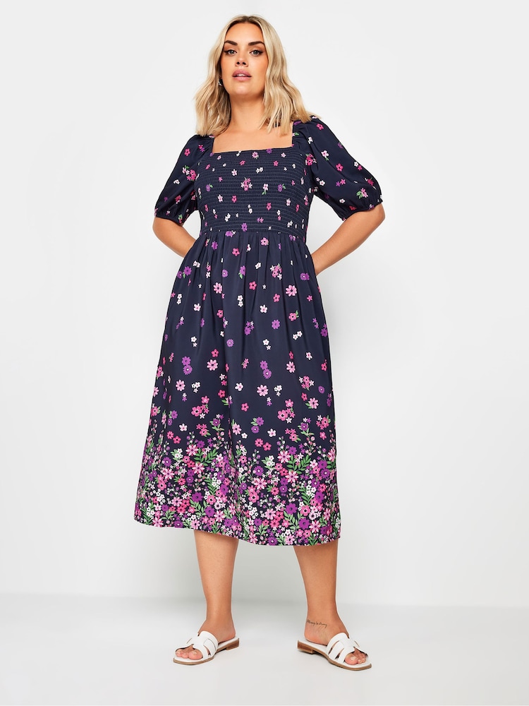 Yours Curve Pink Limited Shirred Square Neck Border Dress - Image 1 of 5