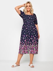 Yours Curve Pink Limited Shirred Square Neck Border Dress - Image 2 of 5