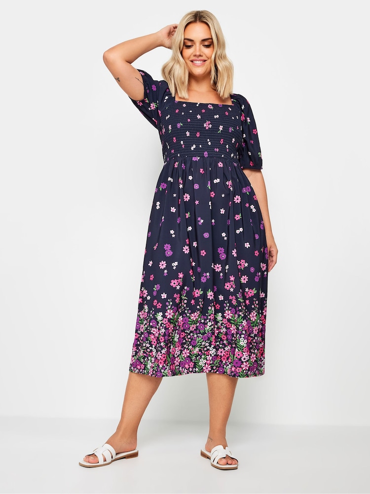 Yours Curve Pink Limited Shirred Square Neck Border Dress - Image 2 of 5