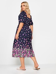 Yours Curve Pink Limited Shirred Square Neck Border Dress - Image 3 of 5