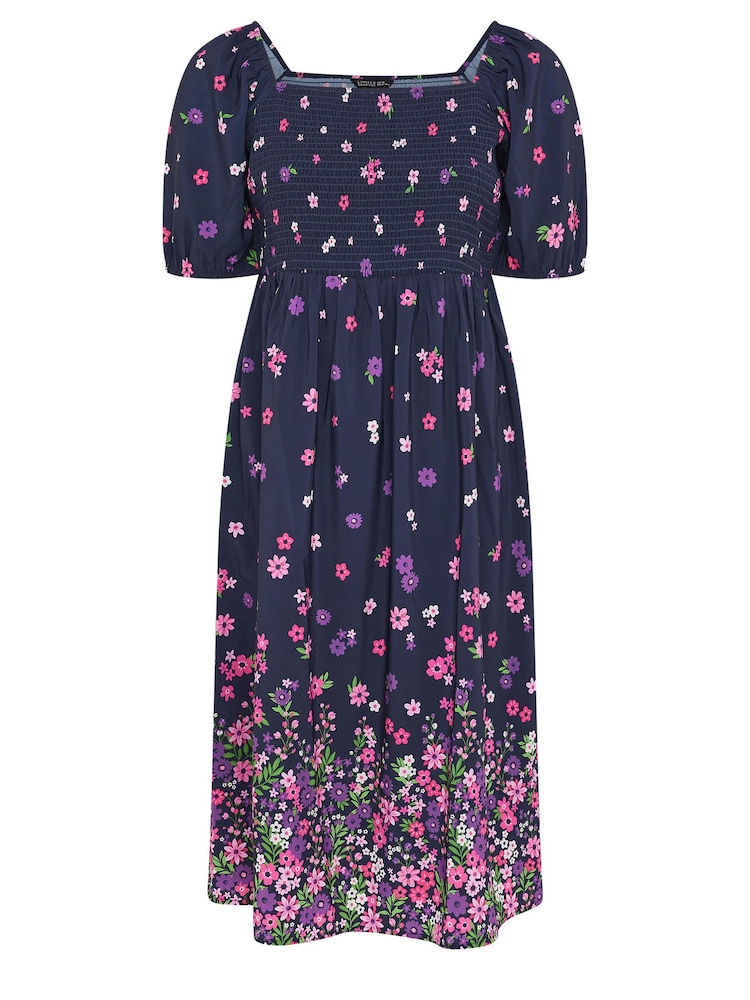 Yours Curve Pink Limited Shirred Square Neck Border Dress - Image 5 of 5
