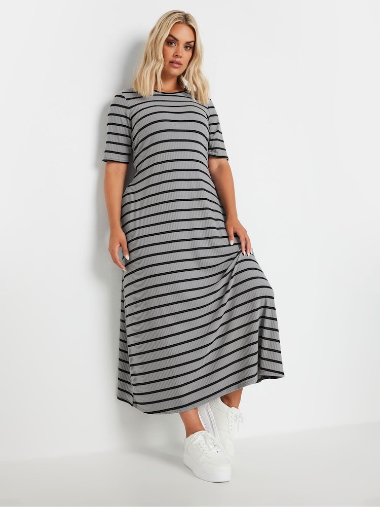 Yours Curve Grey Short Sleeve Ribbed Swing Maxi Dress - Image 2 of 5