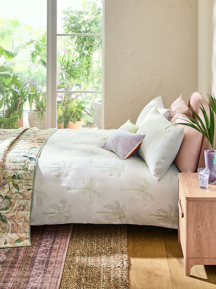 Natural Palm Tree Quilted Duvet Cover and Pillowcase Set - Image 1 of 6
