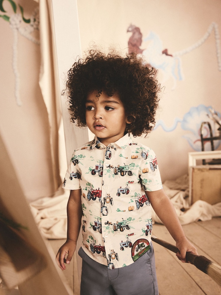 White Tractor Print Cath Kidston 100% Cotton Short Sleeve Shirt (3mths-7yrs) - Image 1 of 9