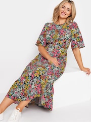 M&Co Black & Yellow Ditsy Floral Print Short Sleeve Midi Dress - Image 1 of 6