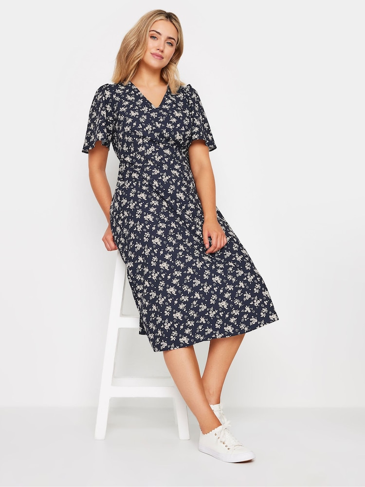 M&Co Navy Blue Ditsy Floral Print V-Neck Midi Dress - Image 1 of 5