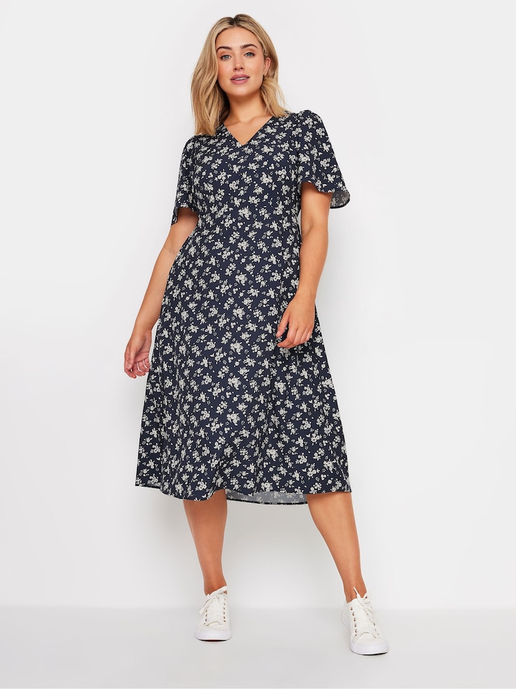 M&Co Navy Blue Ditsy Floral Print V-Neck Midi Dress - Image 2 of 5