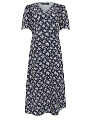 M&Co Navy Blue Ditsy Floral Print V-Neck Midi Dress - Image 5 of 5
