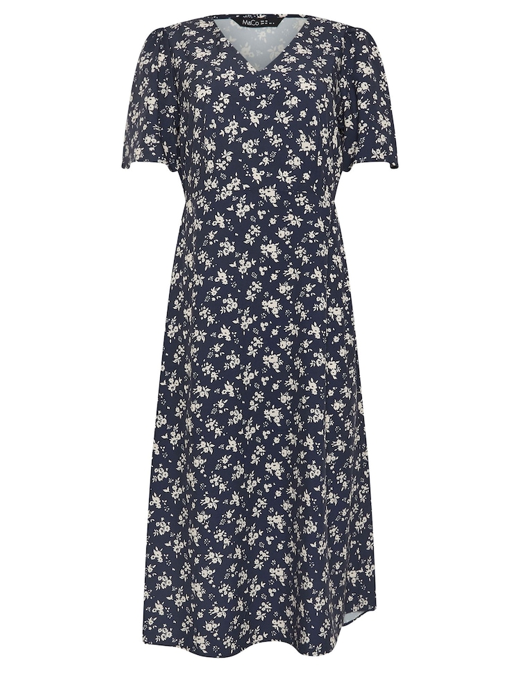 M&Co Navy Blue Ditsy Floral Print V-Neck Midi Dress - Image 5 of 5