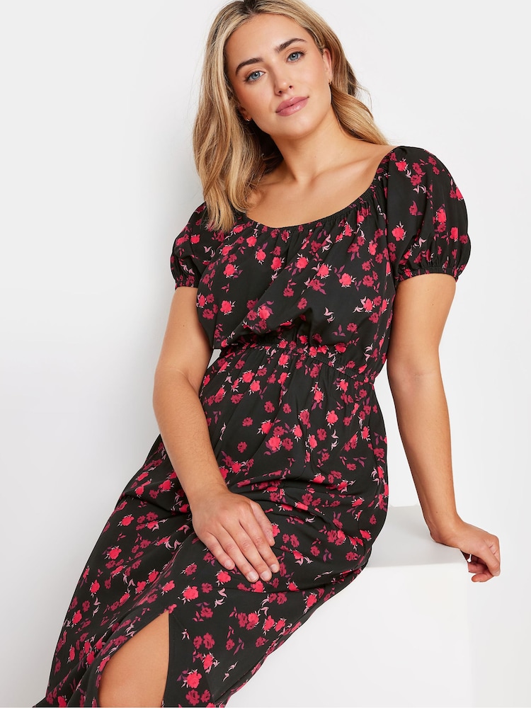 M&Co Black Rose Print Bardot Split Hem Midi Dress - Image 1 of 6