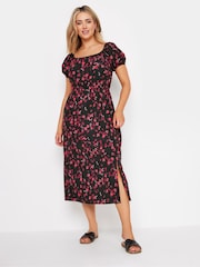M&Co Black Rose Print Bardot Split Hem Midi Dress - Image 2 of 6