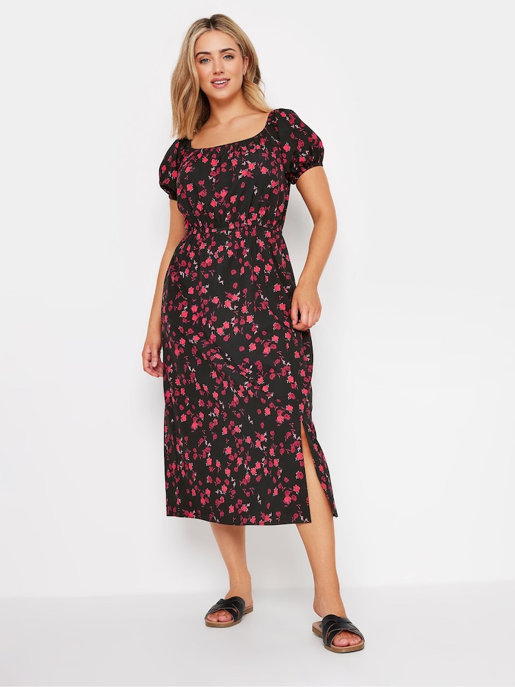 M&Co Black Rose Print Bardot Split Hem Midi Dress - Image 2 of 6