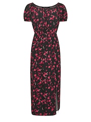 M&Co Black Rose Print Bardot Split Hem Midi Dress - Image 6 of 6