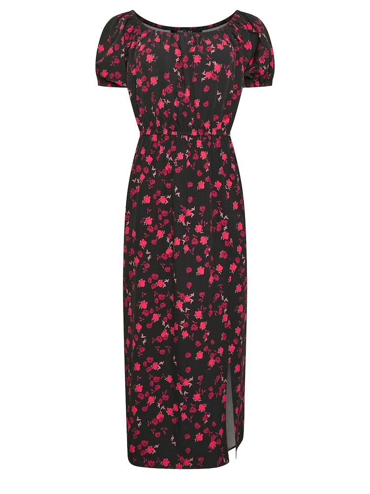 M&Co Black Rose Print Bardot Split Hem Midi Dress - Image 6 of 6