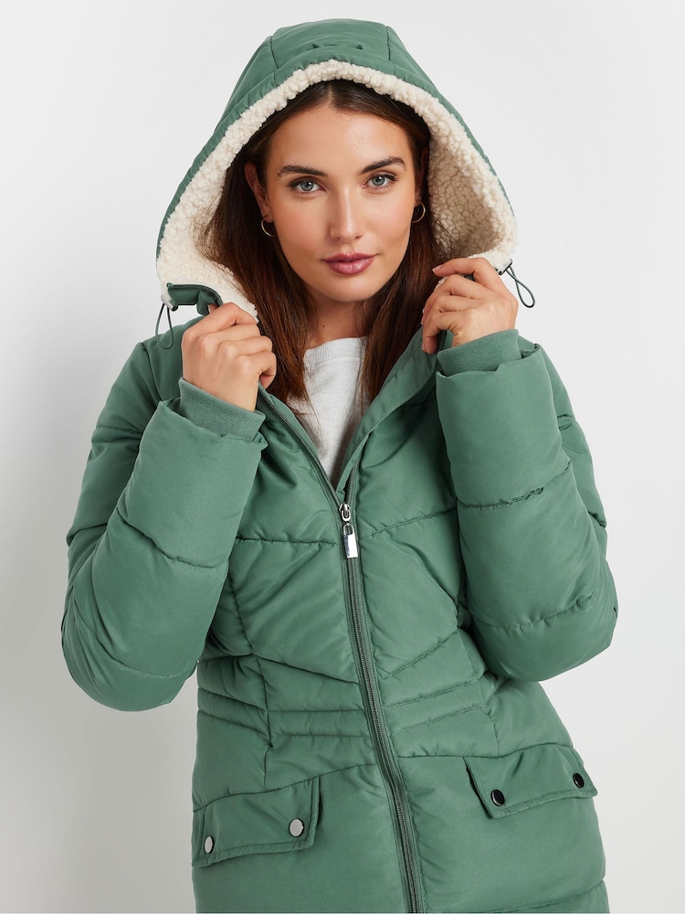 Long Tall Sally Green Green Fleece Hooded Midi Padded Coat - Image 4 of 4