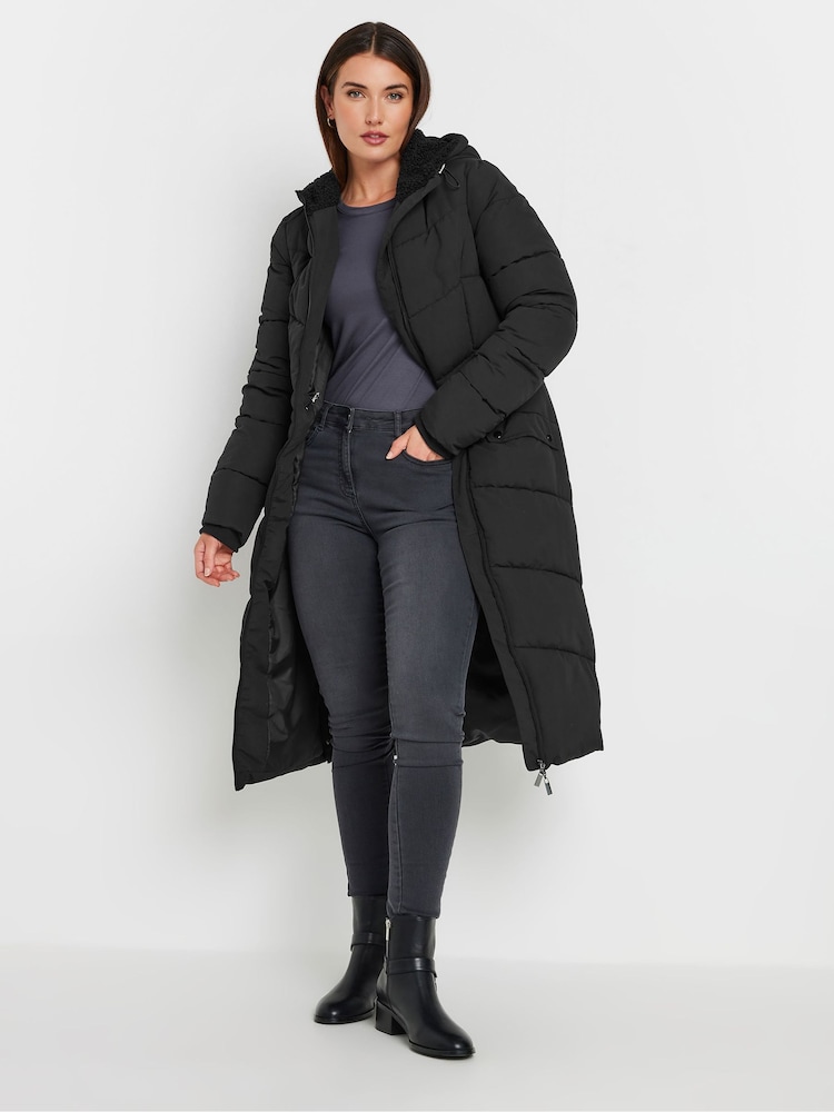Long Tall Sally Black Borg Hooded Midi Padded Coat - Image 1 of 5