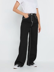 Long Tall Sally Black Contrast Stitch Wide Leg 100% Cotton Jeans - Image 2 of 5
