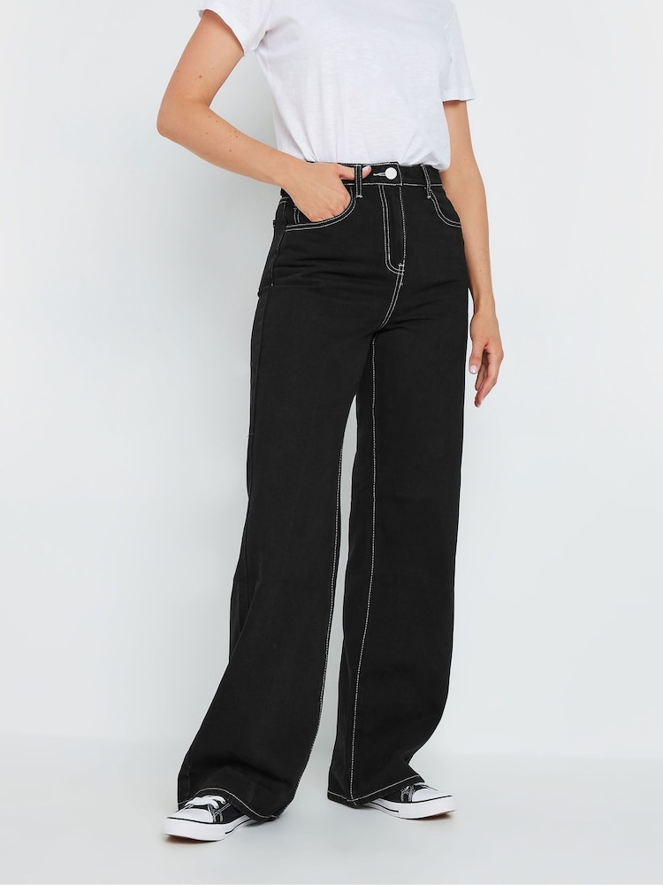 Long Tall Sally Black Contrast Stitch Wide Leg 100% Cotton Jeans - Image 2 of 5