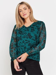 M&Co Blue Floral Stencil Printed Long Sleeve Blouse - Image 1 of 5