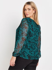 M&Co Blue Floral Stencil Printed Long Sleeve Blouse - Image 3 of 5