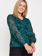M&Co Blue Floral Stencil Printed Long Sleeve Blouse - Image 4 of 5