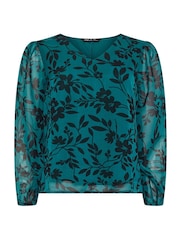 M&Co Blue Floral Stencil Printed Long Sleeve Blouse - Image 5 of 5