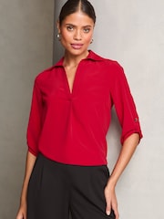 Lipsy Red V Neck 3/4 Sleeve Collared Blouse - Image 1 of 4