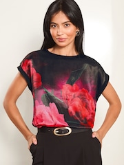 Lipsy Red Round Neck Printed Satin T-Shirt - Image 1 of 4