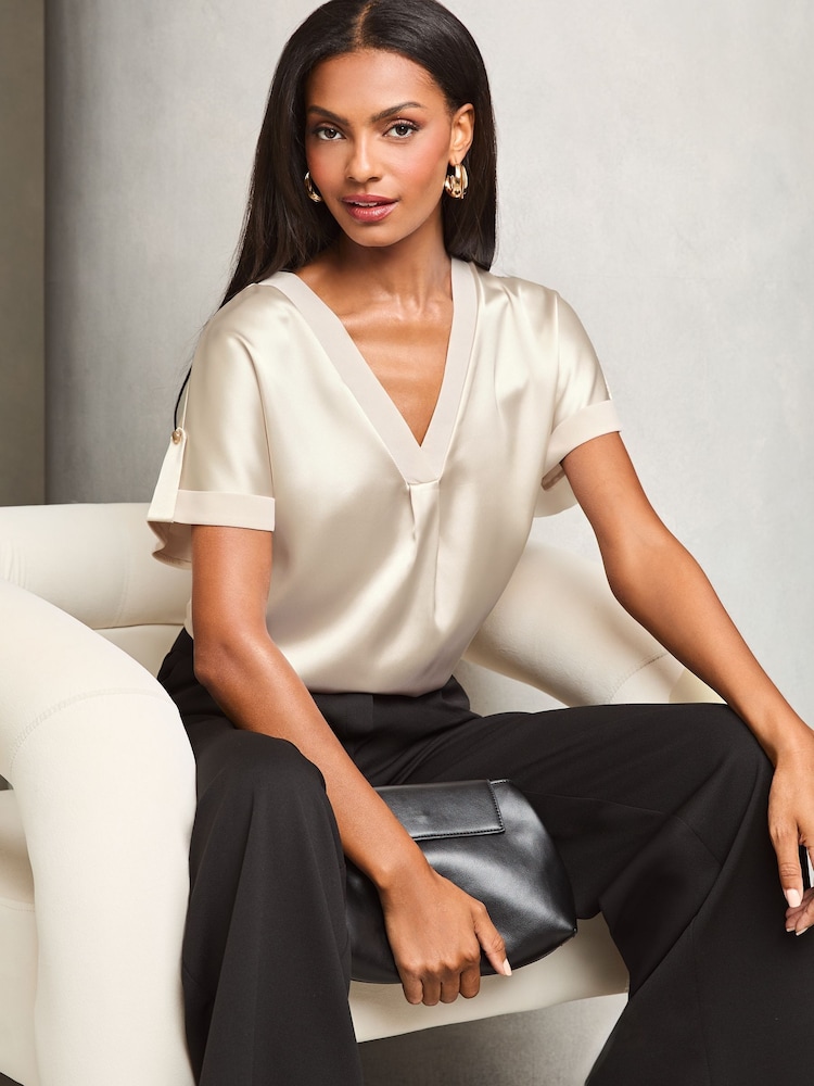 Lipsy Champagne Gold Utility V Neck Short Roll Sleeve Top - Image 1 of 4