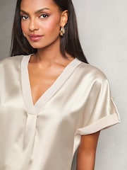 Lipsy Champagne Gold Utility V Neck Short Roll Sleeve Top - Image 2 of 4