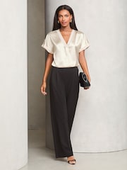 Lipsy Champagne Gold Utility V Neck Short Roll Sleeve Top - Image 3 of 4