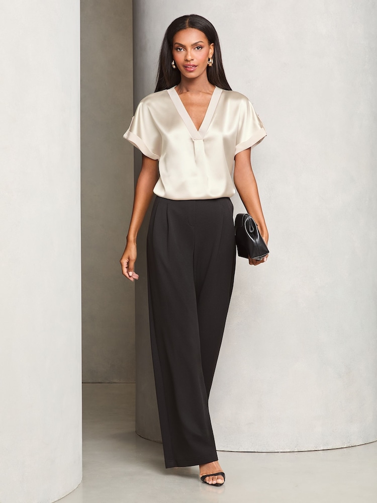 Lipsy Champagne Gold Utility V Neck Short Roll Sleeve Top - Image 3 of 4