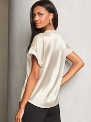 Lipsy Champagne Gold Utility V Neck Short Roll Sleeve Top - Image 4 of 4