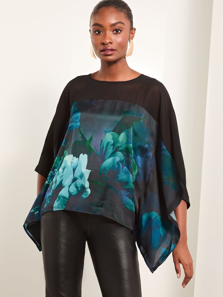 Lipsy Blue Chiffon Yoke Floral Cape Top - Image 1 of 4 Lipsy Blue Chiffon Yoke Floral Cape Top - Image 1 of 4