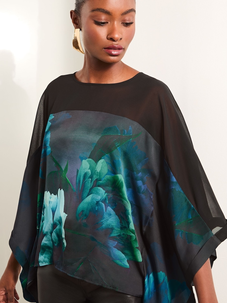 Lipsy Blue Chiffon Yoke Floral Cape Top - Image 2 of 4