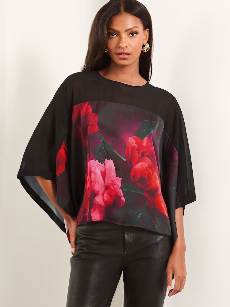 Lipsy Red Chiffon Yoke Floral Cape Top - Image 1 of 4 Lipsy Red Chiffon Yoke Floral Cape Top - Image 1 of 4