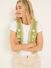FatFace Olive Green 100% Cotton Embroidered Jersey Waistcoat - Image 1 of 9
