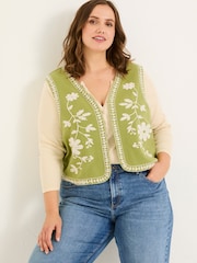 FatFace Olive Green 100% Cotton Embroidered Jersey Waistcoat - Image 5 of 9