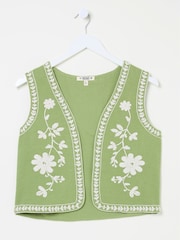 FatFace Olive Green 100% Cotton Embroidered Jersey Waistcoat - Image 8 of 9