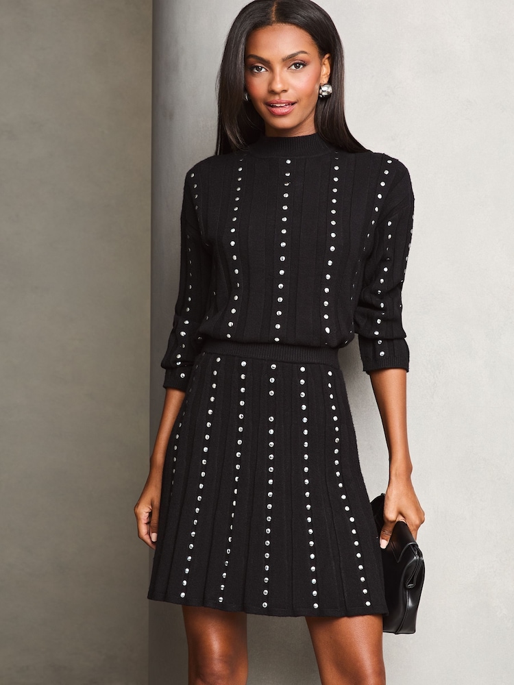Lipsy Black Studded Knitted Co Ord Skirt - Image 1 of 4