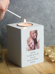 Personalised Photo Upload White Wooden Tea Light Candle Holder by PMC - Image 1 of 3