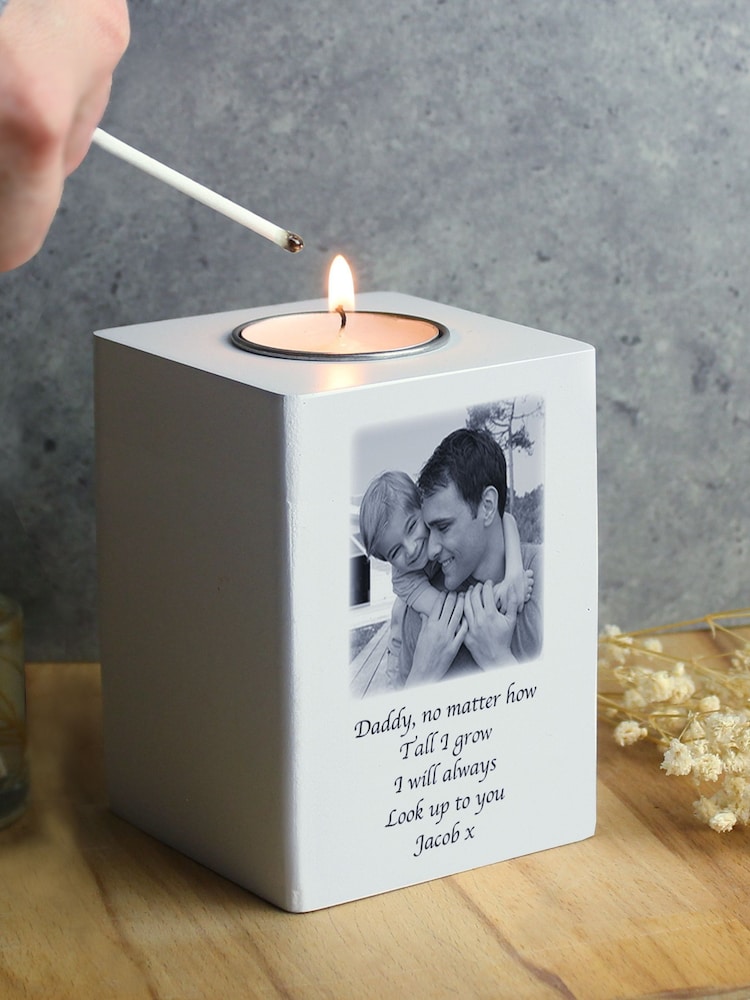 Personalised Photo Upload White Wooden Tea Light Candle Holder by PMC - Image 3 of 3