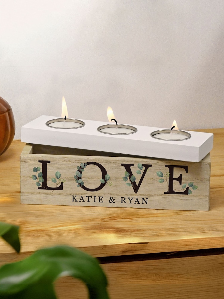 Personalised LOVE Triple Tealight Candle Holder & Storage Box by PMC - Image 1 of 3 Personalised LOVE Triple Tealight Candle Holder & Storage Box by PMC - Image 1 of 3