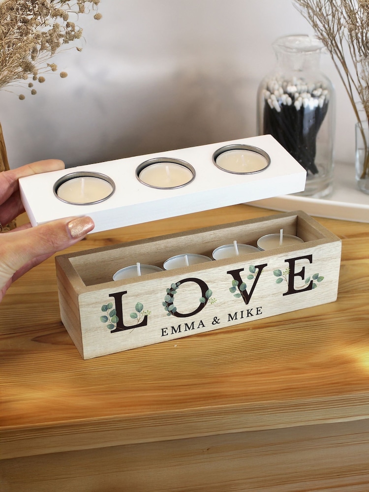 Personalised LOVE Triple Tealight Candle Holder & Storage Box by PMC - Image 2 of 3 Personalised LOVE Triple Tealight Candle Holder & Storage Box by PMC - Image 2 of 3