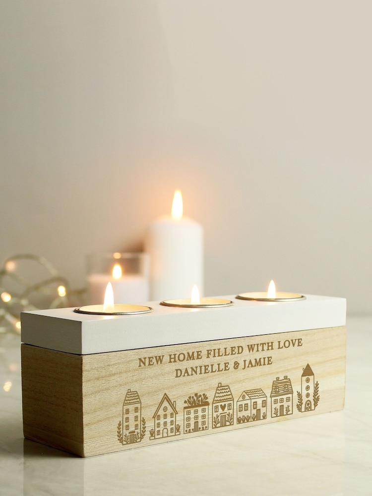 Personalised New Home Wooden Tea Light Candle Holder & Storage Box by PMC - Image 1 of 3