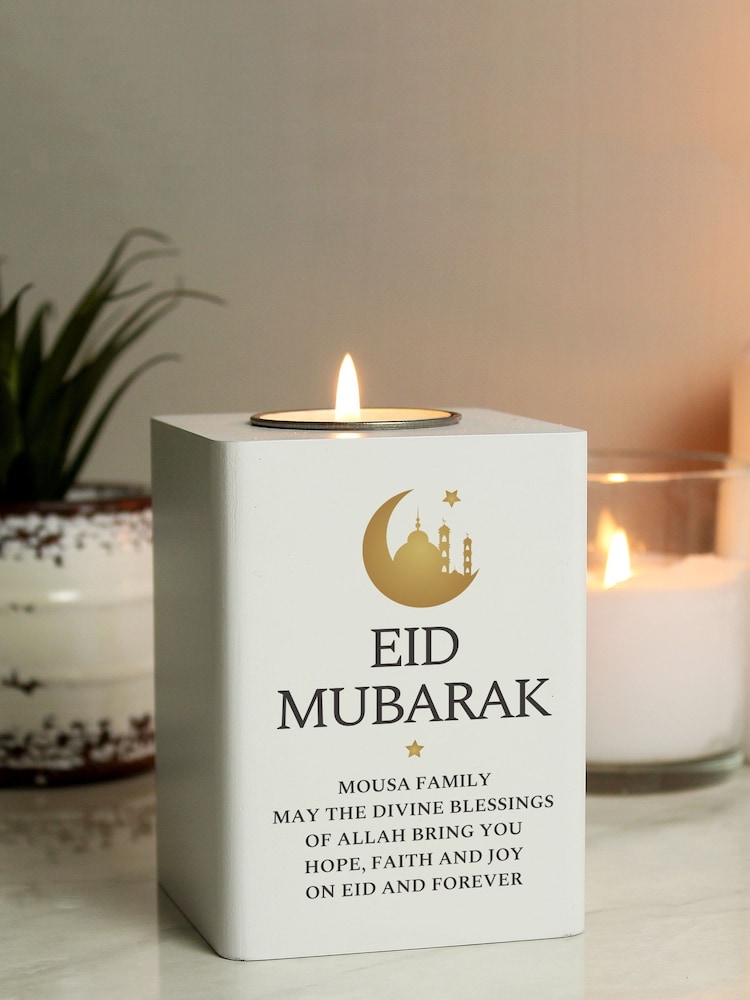 Natural Personalised Eid White Wooden Tea Light Holder by PMC - Image 2 of 3