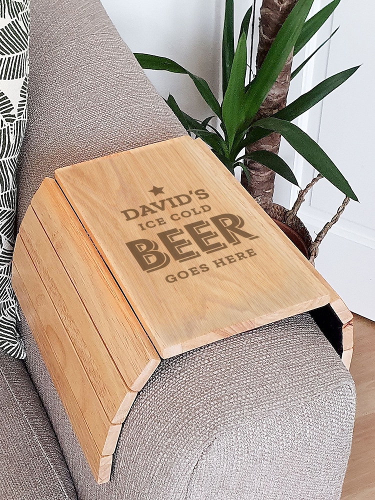 Natural Personalised Beer Goes Here Wooden Sofa Tray by PMC - Image 1 of 3