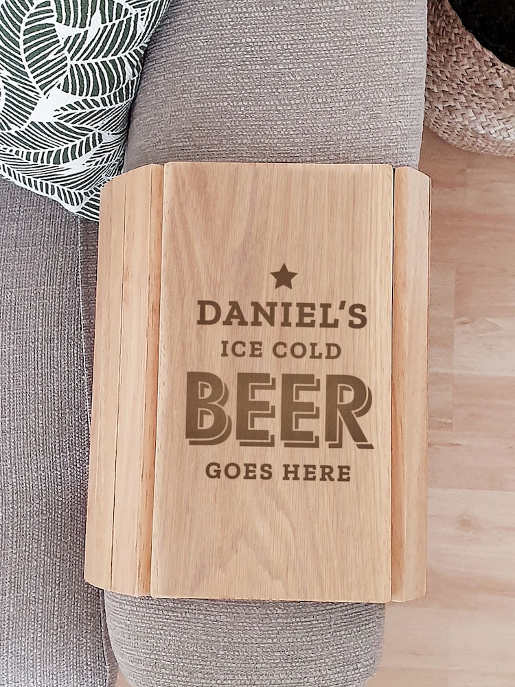 Natural Personalised Beer Goes Here Wooden Sofa Tray by PMC - Image 3 of 3 Natural Personalised Beer Goes Here Wooden Sofa Tray by PMC - Image 3 of 3